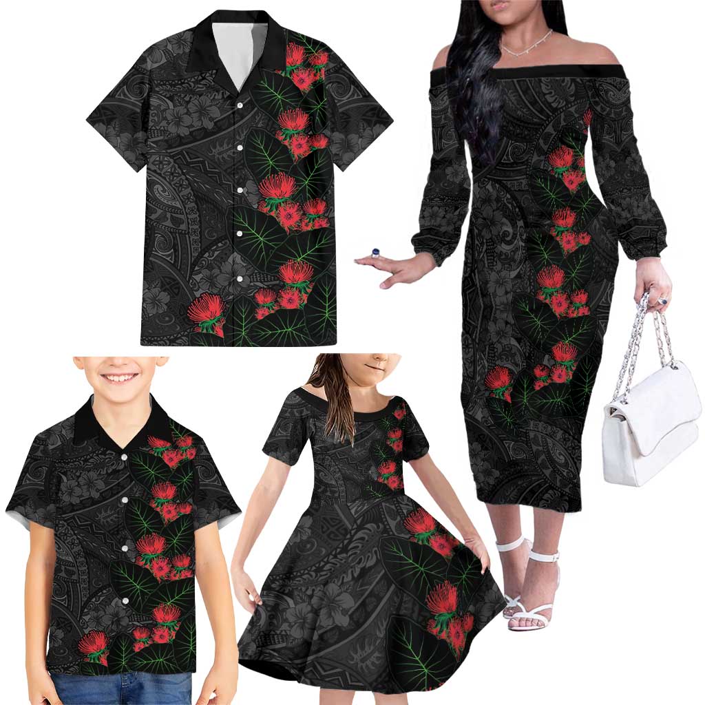 Hawaiian Taro Leaves and Ohia Lehua Family Matching Off The Shoulder Long Sleeve Dress and Hawaiian Shirt Polynesian Tribal Art Tropical Plants Motifs Grayscale LT03 - Polynesian Pride