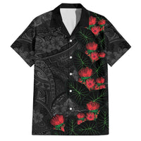 Hawaiian Taro Leaves and Ohia Lehua Family Matching Off The Shoulder Long Sleeve Dress and Hawaiian Shirt Polynesian Tribal Art Tropical Plants Motifs Grayscale LT03 Dad's Shirt - Short Sleeve Multicolor - Polynesian Pride