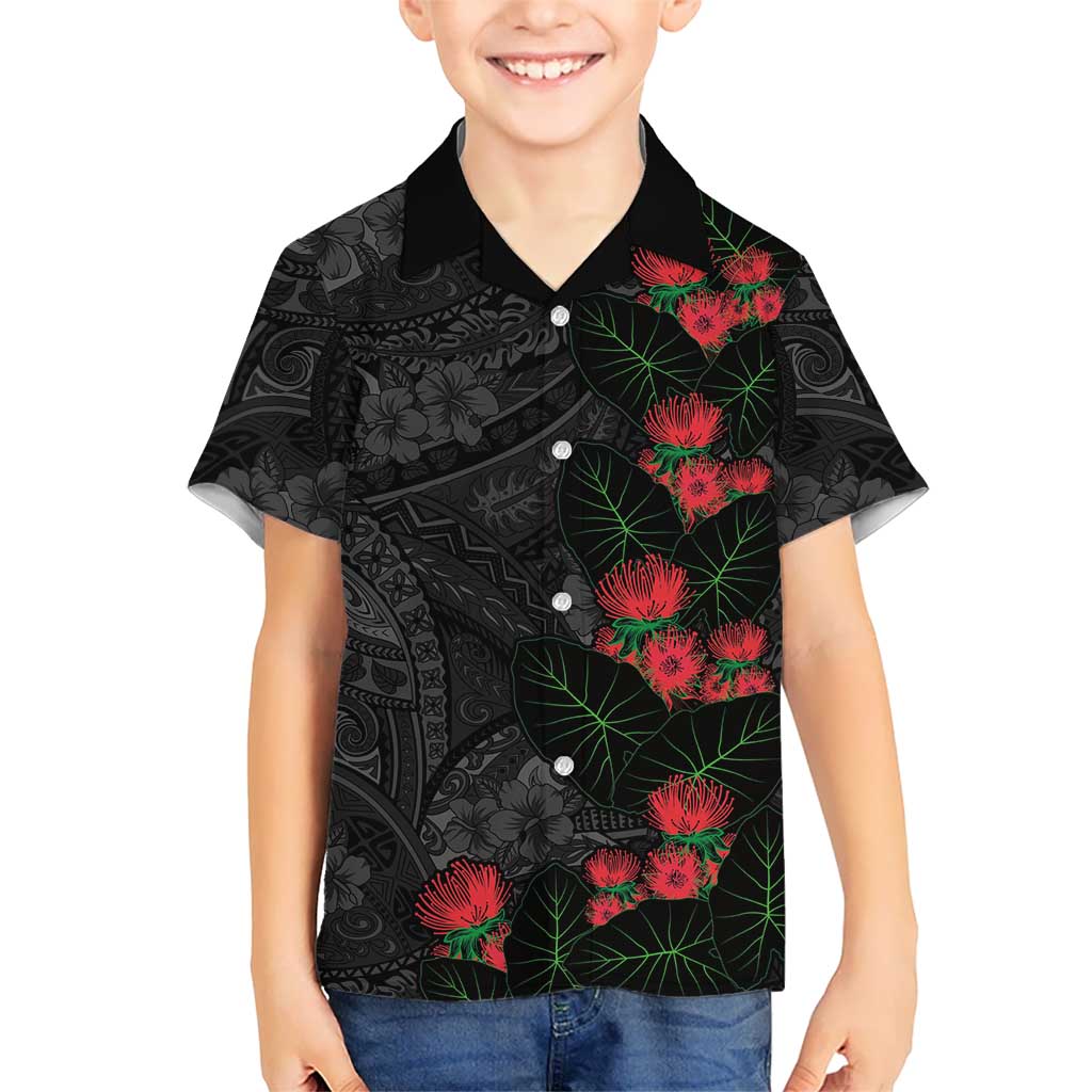 Hawaiian Taro Leaves and Ohia Lehua Family Matching Off The Shoulder Long Sleeve Dress and Hawaiian Shirt Polynesian Tribal Art Tropical Plants Motifs Grayscale LT03 Son's Shirt Multicolor - Polynesian Pride