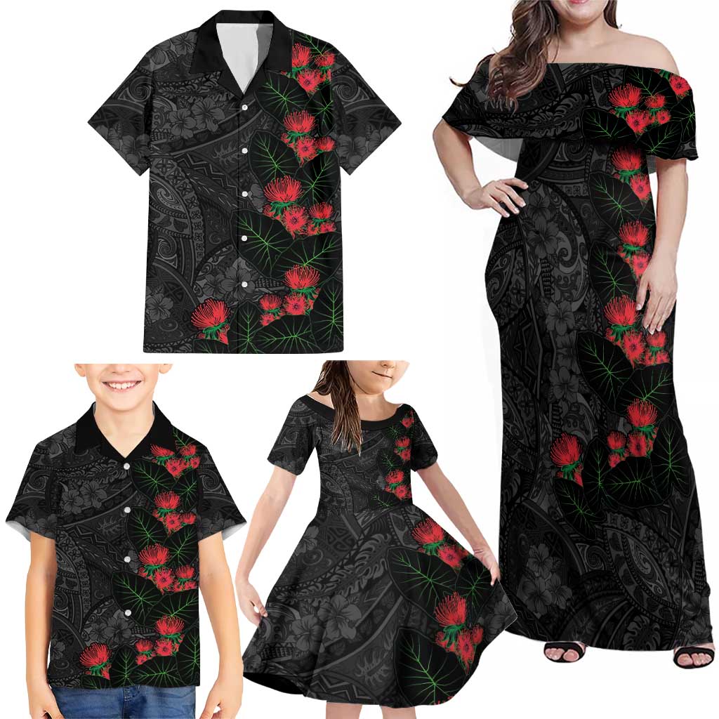 Hawaiian Taro Leaves and Ohia Lehua Family Matching Off Shoulder Maxi Dress and Hawaiian Shirt Polynesian Tribal Art Tropical Plants Motifs Grayscale LT03 - Polynesian Pride