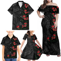 Hawaiian Taro Leaves and Ohia Lehua Family Matching Off Shoulder Maxi Dress and Hawaiian Shirt Polynesian Tribal Art Tropical Plants Motifs Grayscale LT03 - Polynesian Pride