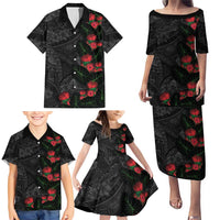 Hawaiian Taro Leaves and Ohia Lehua Family Matching Puletasi and Hawaiian Shirt Polynesian Tribal Art Tropical Plants Motifs Grayscale LT03 - Polynesian Pride