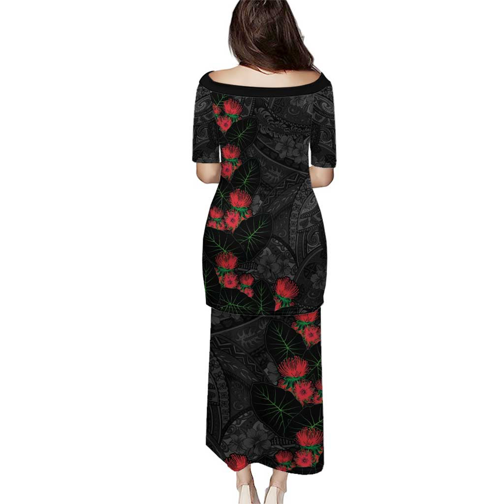 Hawaiian Taro Leaves and Ohia Lehua Family Matching Puletasi and Hawaiian Shirt Polynesian Tribal Art Tropical Plants Motifs Grayscale LT03 - Polynesian Pride