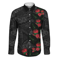 Hawaiian Taro Leaves and Ohia Lehua Family Matching Tank Maxi Dress and Hawaiian Shirt Polynesian Tribal Art Tropical Plants Motifs Grayscale LT03 Dad's Shirt - Long Sleeve Multicolor - Polynesian Pride