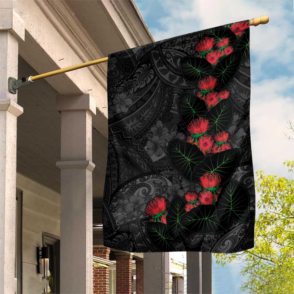 Hawaiian Taro Leaves and Ohia Lehua Garden Flag Polynesian Tribal Art Tropical Plants Motifs Grayscale LT03 House Flag Multicolor - Polynesian Pride