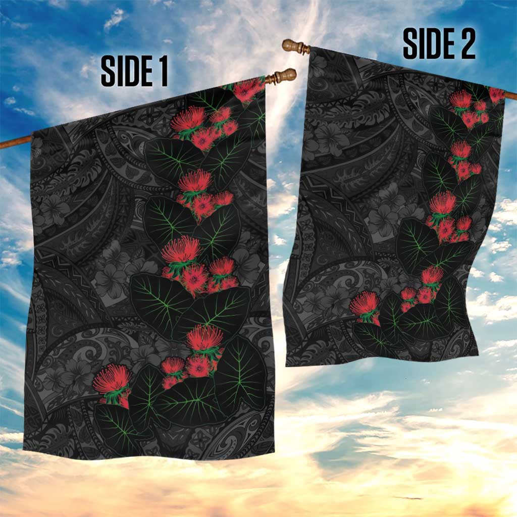 Hawaiian Taro Leaves and Ohia Lehua Garden Flag Polynesian Tribal Art Tropical Plants Motifs Grayscale LT03 - Polynesian Pride