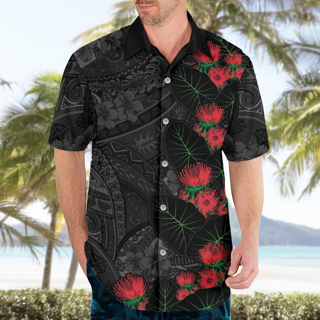 Hawaiian Taro Leaves and Ohia Lehua Hawaiian Shirt Polynesian Tribal Art Tropical Plants Motifs Grayscale LT03 - Polynesian Pride
