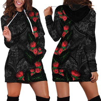 Hawaiian Taro Leaves and Ohia Lehua Hoodie Dress Polynesian Tribal Art Tropical Plants Motifs Grayscale LT03 - Polynesian Pride