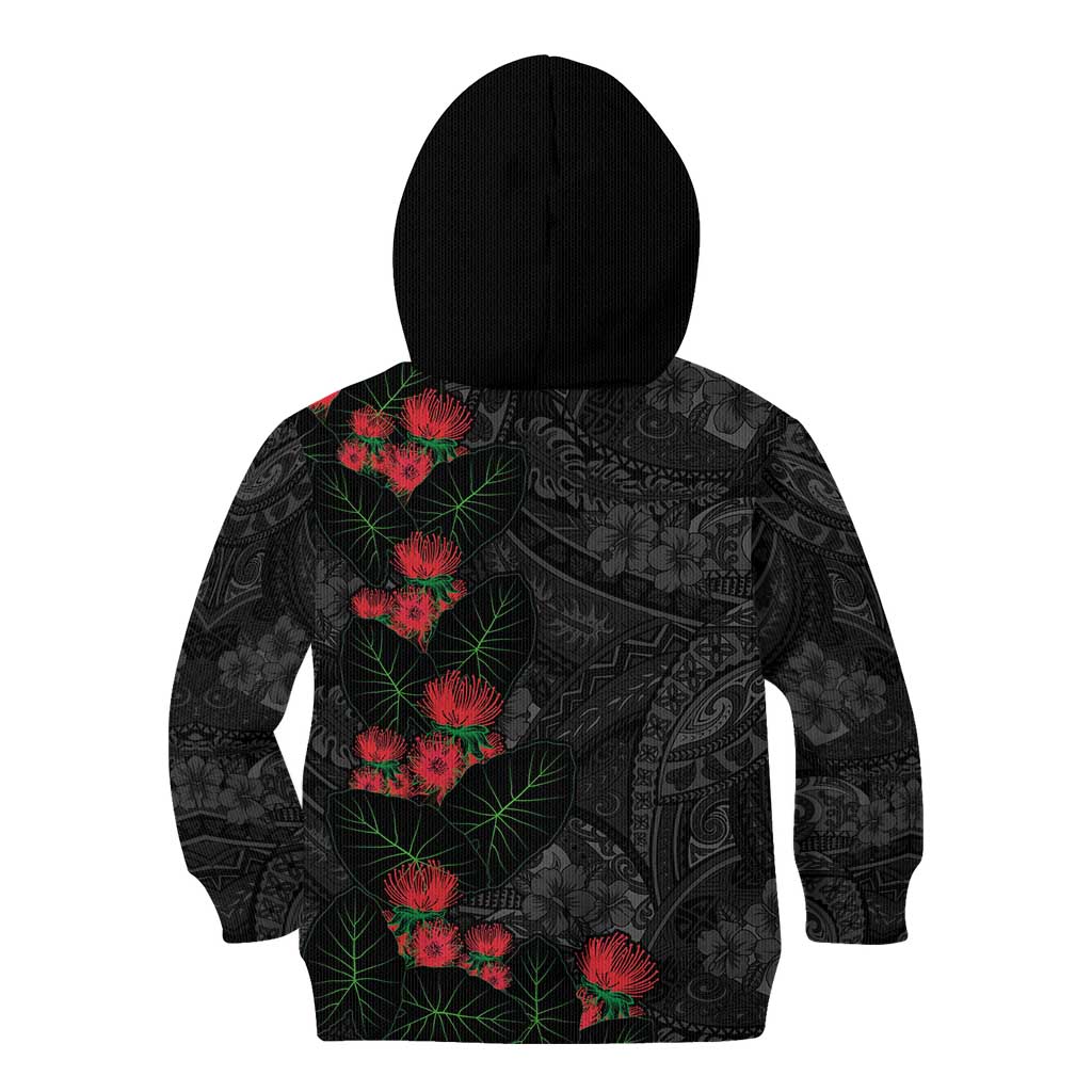 Hawaiian Taro Leaves and Ohia Lehua Kid Hoodie Polynesian Tribal Art Tropical Plants Motifs Grayscale LT03 - Polynesian Pride