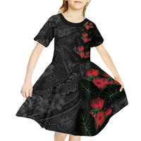 Hawaiian Taro Leaves and Ohia Lehua Kid Short Sleeve Dress Polynesian Tribal Art Tropical Plants Motifs Grayscale LT03 - Polynesian Pride