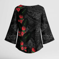 Hawaiian Taro Leaves and Ohia Lehua Kimono Sleeve Blouse Polynesian Tribal Art Tropical Plants Motifs Grayscale LT03 - Polynesian Pride