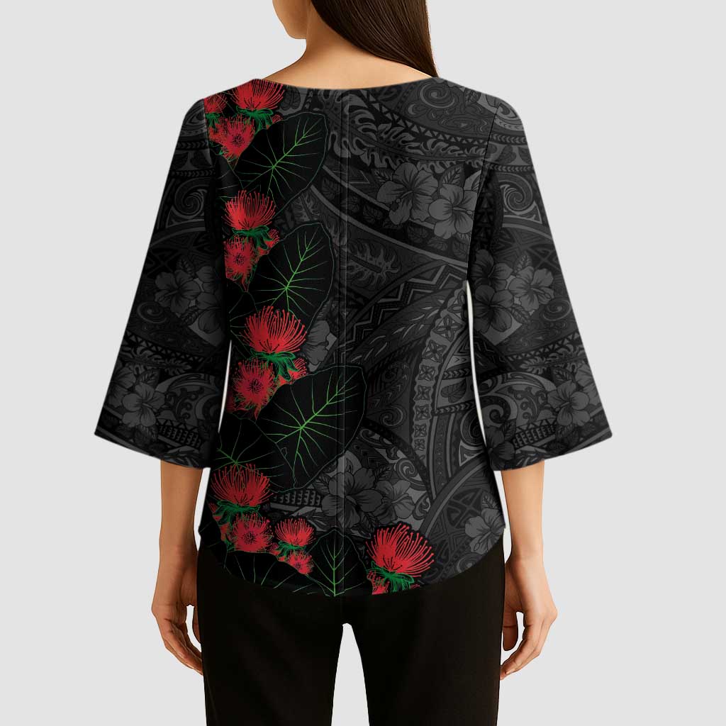 Hawaiian Taro Leaves and Ohia Lehua Kimono Sleeve Blouse Polynesian Tribal Art Tropical Plants Motifs Grayscale LT03 - Polynesian Pride