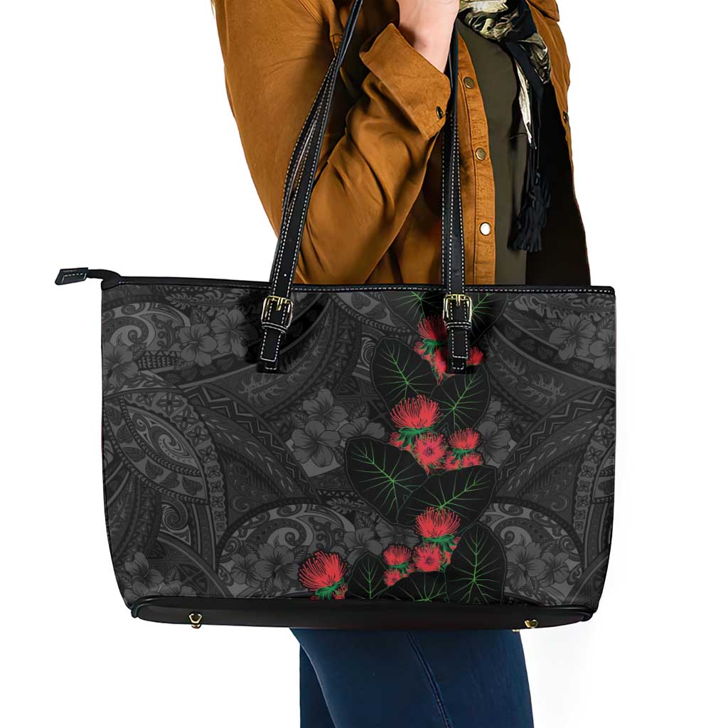 Hawaiian Taro Leaves and Ohia Lehua Leather Tote Bag Polynesian Tribal Art Tropical Plants Motifs Grayscale LT03 - Polynesian Pride