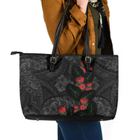 Hawaiian Taro Leaves and Ohia Lehua Leather Tote Bag Polynesian Tribal Art Tropical Plants Motifs Grayscale LT03 - Polynesian Pride