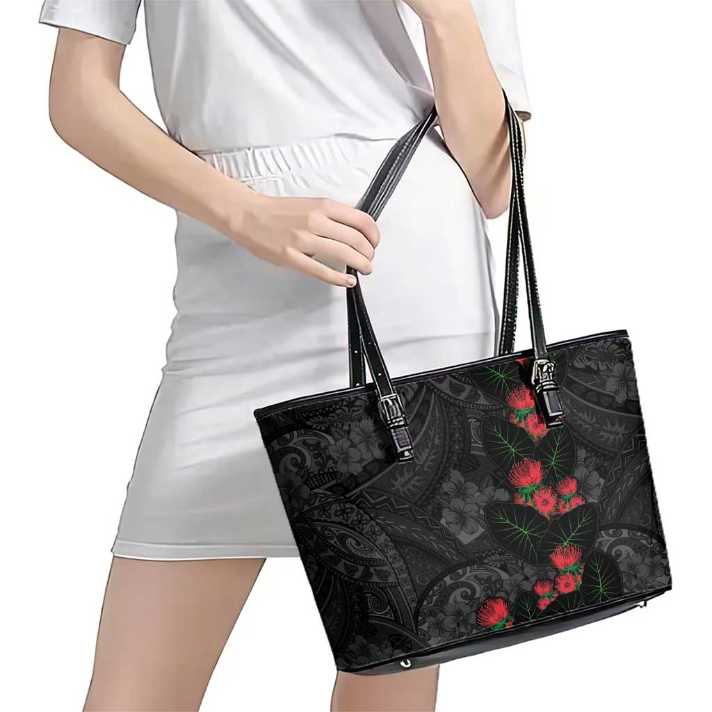 Hawaiian Taro Leaves and Ohia Lehua Leather Tote Bag Polynesian Tribal Art Tropical Plants Motifs Grayscale LT03 - Polynesian Pride