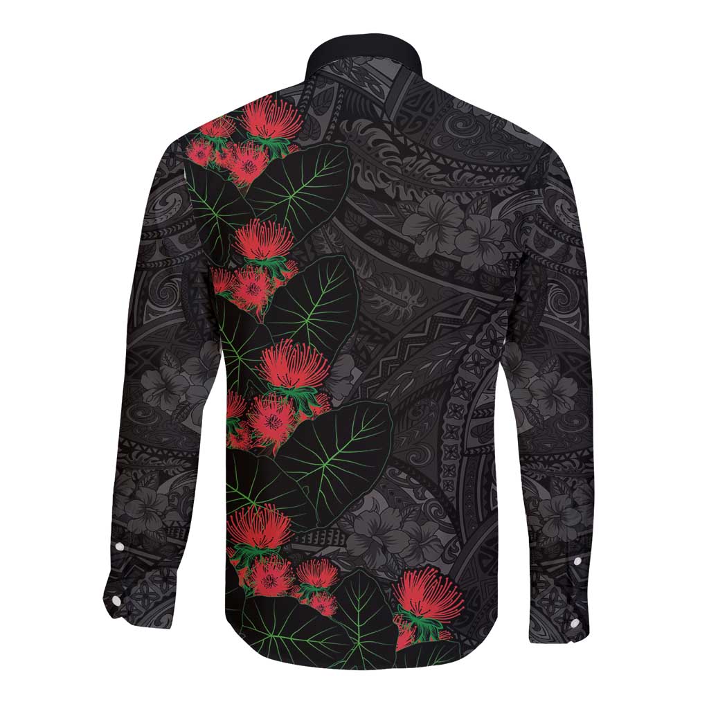 Hawaiian Taro Leaves and Ohia Lehua Long Sleeve Button Shirt Polynesian Tribal Art Tropical Plants Motifs Grayscale LT03 - Polynesian Pride