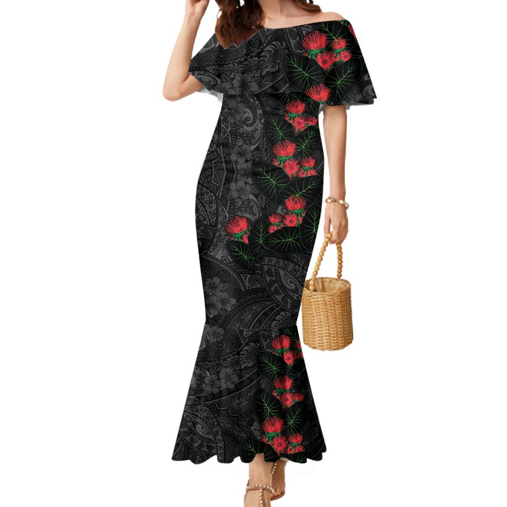 Hawaiian Taro Leaves and Ohia Lehua Mermaid Dress Polynesian Tribal Art Tropical Plants Motifs Grayscale LT03 Women Multicolor - Polynesian Pride