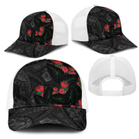 Hawaiian Taro Leaves and Ohia Lehua Mesh Trucker Cap Polynesian Tribal Art Tropical Plants Motifs Grayscale LT03 - Polynesian Pride