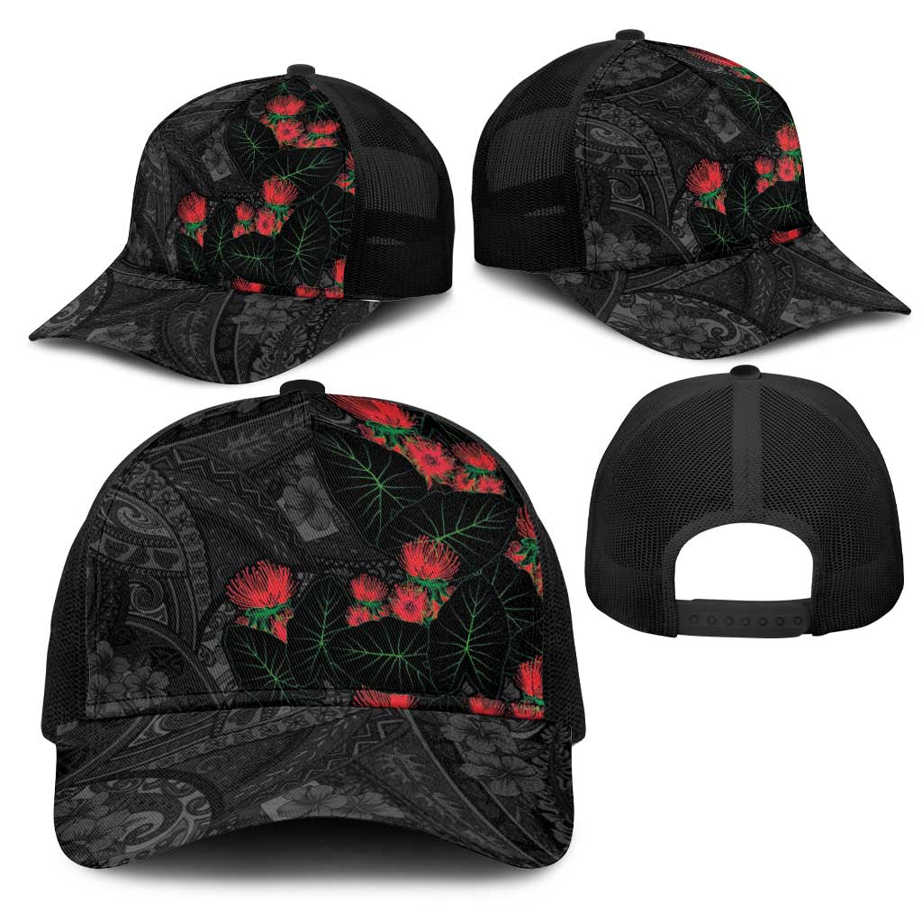 Hawaiian Taro Leaves and Ohia Lehua Mesh Trucker Cap Polynesian Tribal Art Tropical Plants Motifs Grayscale LT03 - Polynesian Pride