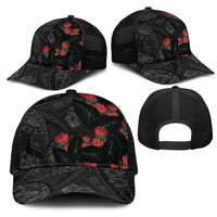 Hawaiian Taro Leaves and Ohia Lehua Mesh Trucker Cap Polynesian Tribal Art Tropical Plants Motifs Grayscale LT03 - Polynesian Pride
