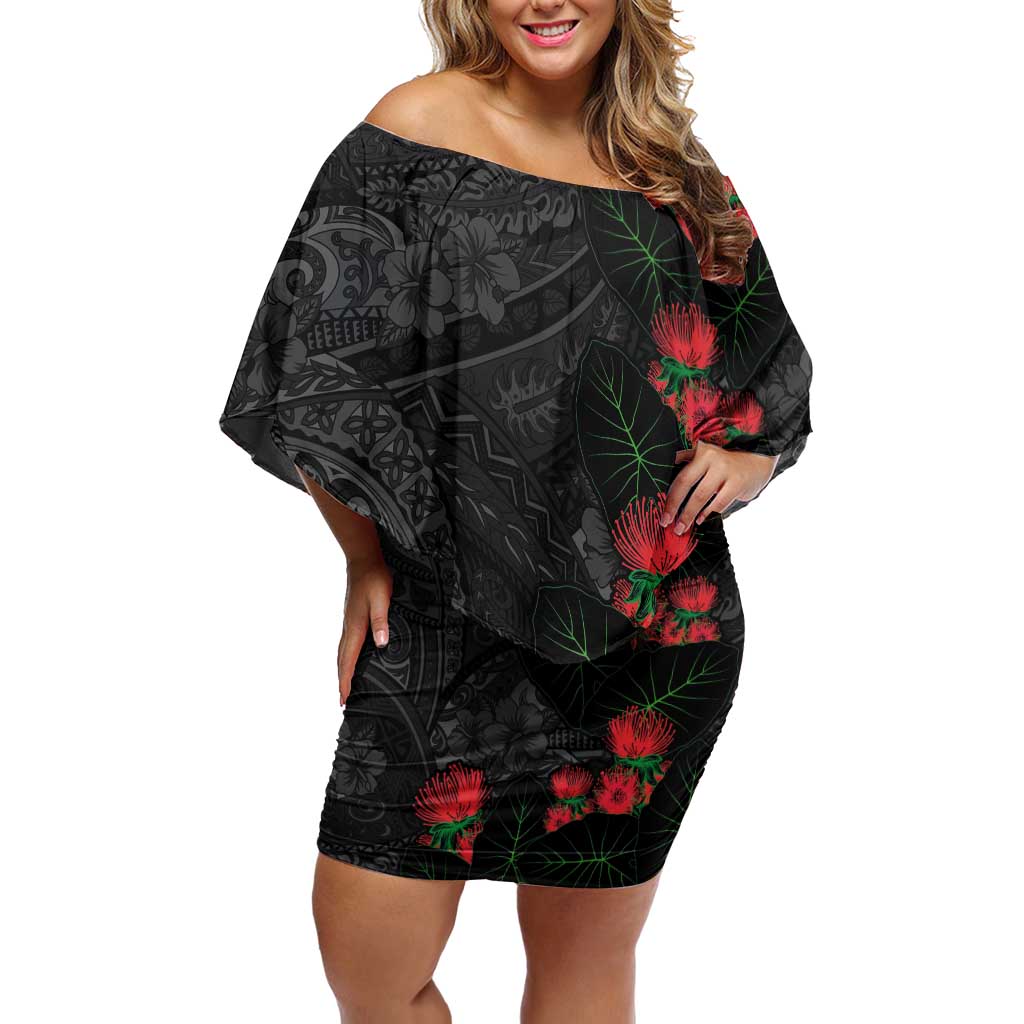 Hawaiian Taro Leaves and Ohia Lehua Off Shoulder Short Dress Polynesian Tribal Art Tropical Plants Motifs Grayscale LT03 Women Multicolor - Polynesian Pride