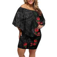 Hawaiian Taro Leaves and Ohia Lehua Off Shoulder Short Dress Polynesian Tribal Art Tropical Plants Motifs Grayscale LT03 Women Multicolor - Polynesian Pride