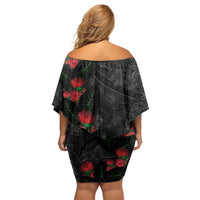 Hawaiian Taro Leaves and Ohia Lehua Off Shoulder Short Dress Polynesian Tribal Art Tropical Plants Motifs Grayscale LT03 - Polynesian Pride