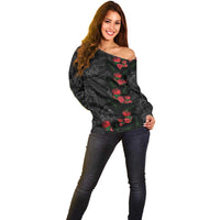 Hawaiian Taro Leaves and Ohia Lehua Off Shoulder Sweater Polynesian Tribal Art Tropical Plants Motifs Grayscale LT03 - Polynesian Pride
