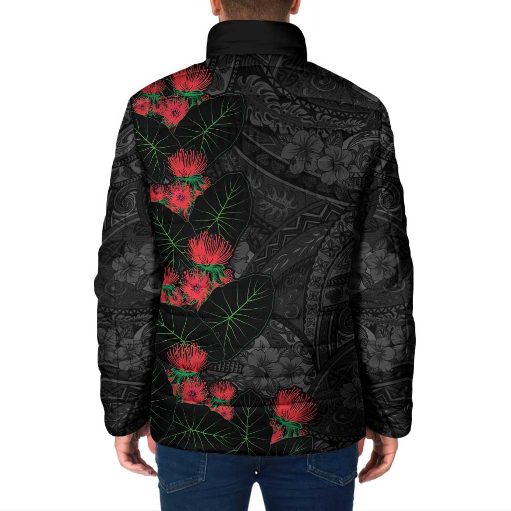 Hawaiian Taro Leaves and Ohia Lehua Padded Jacket Polynesian Tribal Art Tropical Plants Motifs Grayscale LT03 - Polynesian Pride