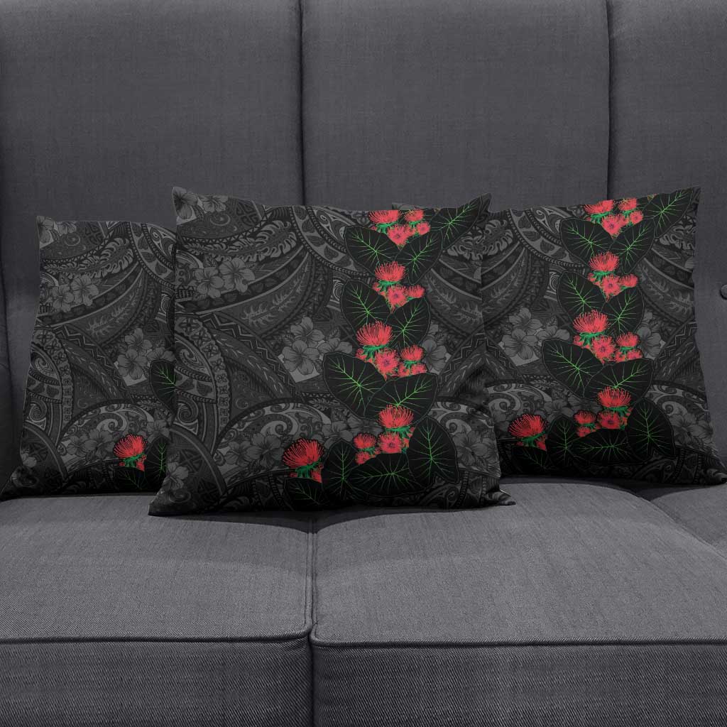 Hawaiian Taro Leaves and Ohia Lehua Pillow Cover Polynesian Tribal Art Tropical Plants Motifs Grayscale LT03 - Polynesian Pride