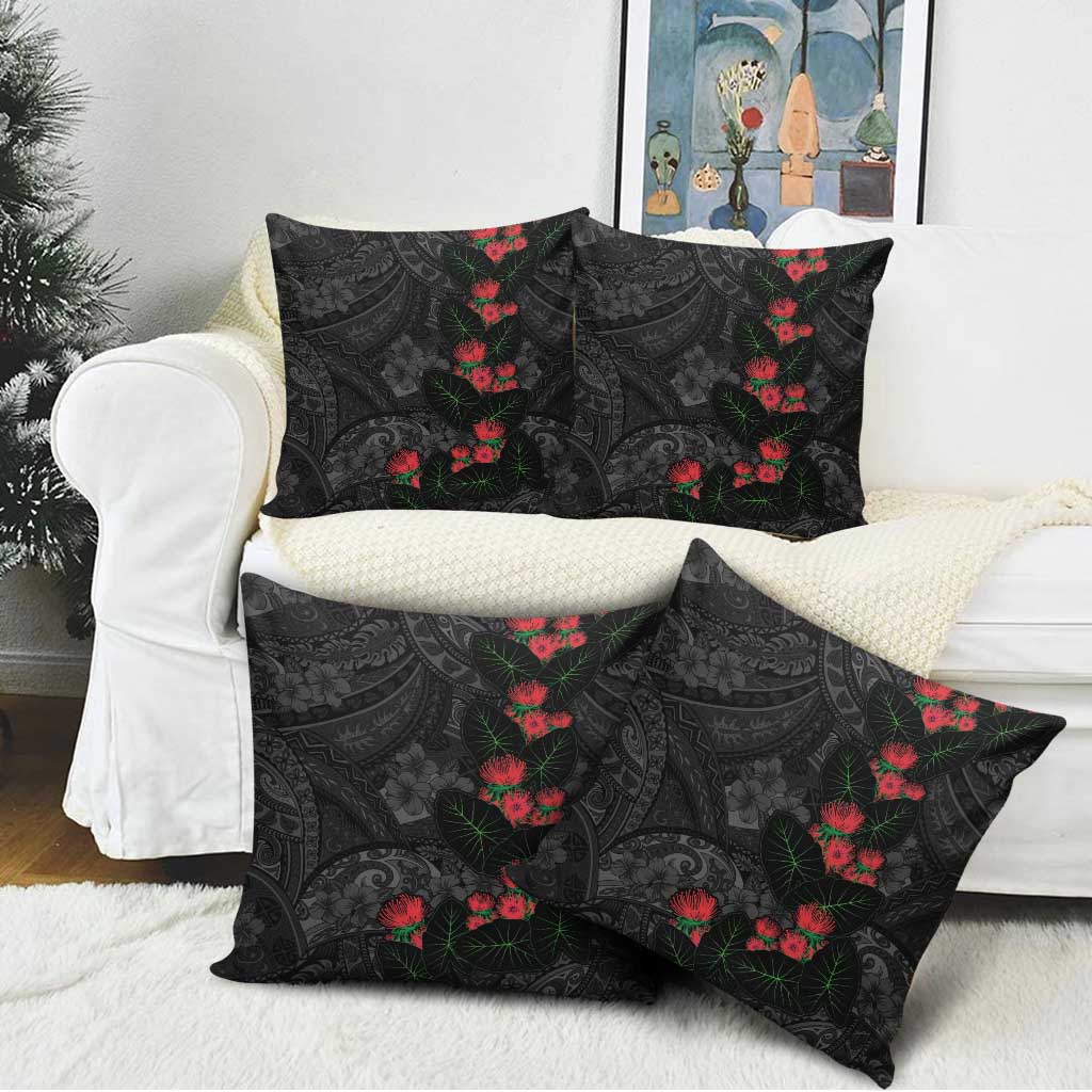 Hawaiian Taro Leaves and Ohia Lehua Pillow Cover Polynesian Tribal Art Tropical Plants Motifs Grayscale LT03 - Polynesian Pride