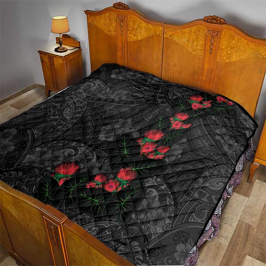 Hawaiian Taro Leaves and Ohia Lehua Quilt Polynesian Tribal Art Tropical Plants Motifs Grayscale LT03 - Polynesian Pride