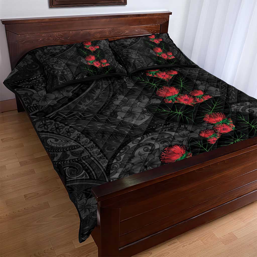 Hawaiian Taro Leaves and Ohia Lehua Quilt Bed Set Polynesian Tribal Art Tropical Plants Motifs Grayscale LT03 - Polynesian Pride