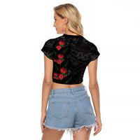 Hawaiian Taro Leaves and Ohia Lehua Raglan Cropped T Shirt Polynesian Tribal Art Tropical Plants Motifs Grayscale LT03 - Polynesian Pride