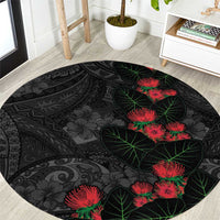 Hawaiian Taro Leaves and Ohia Lehua Round Carpet Polynesian Tribal Art Tropical Plants Motifs Grayscale LT03 Multicolor - Polynesian Pride