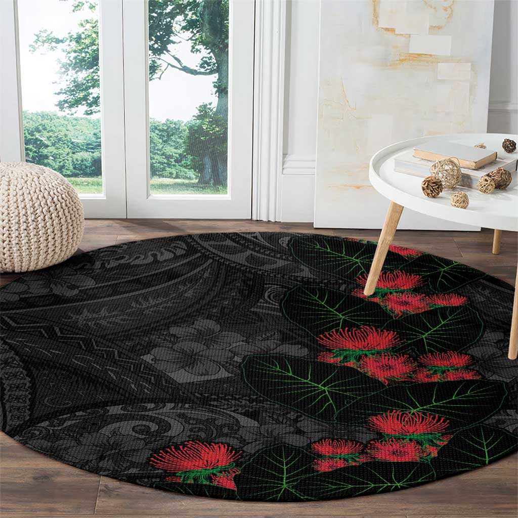 Hawaiian Taro Leaves and Ohia Lehua Round Carpet Polynesian Tribal Art Tropical Plants Motifs Grayscale LT03 - Polynesian Pride