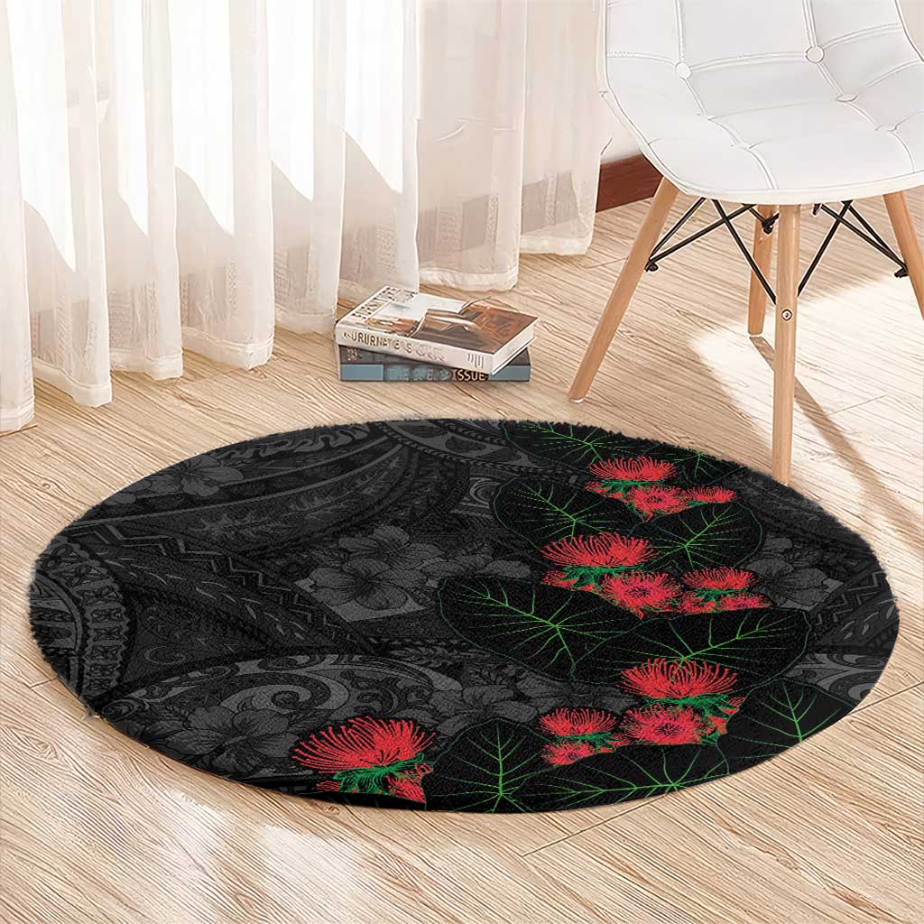 Hawaiian Taro Leaves and Ohia Lehua Round Carpet Polynesian Tribal Art Tropical Plants Motifs Grayscale LT03 - Polynesian Pride