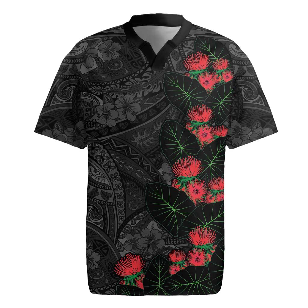 Hawaiian Taro Leaves and Ohia Lehua Rugby Jersey Polynesian Tribal Art Tropical Plants Motifs Grayscale LT03 Multicolor - Polynesian Pride