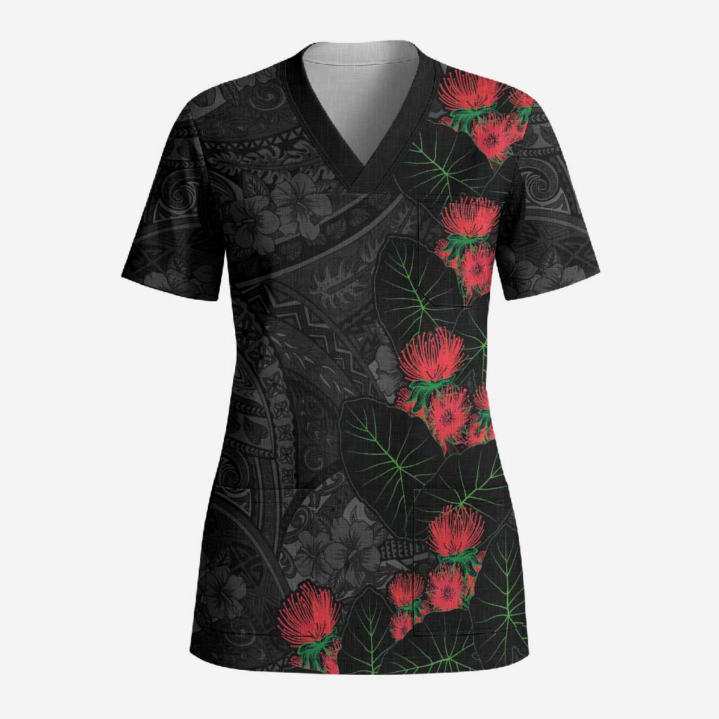 Hawaiian Taro Leaves and Ohia Lehua Scrub Top Polynesian Tribal Art Tropical Plants Motifs Grayscale LT03 Adult Multicolor - Polynesian Pride