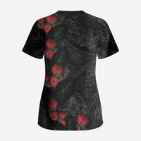Hawaiian Taro Leaves and Ohia Lehua Scrub Top Polynesian Tribal Art Tropical Plants Motifs Grayscale LT03 - Polynesian Pride