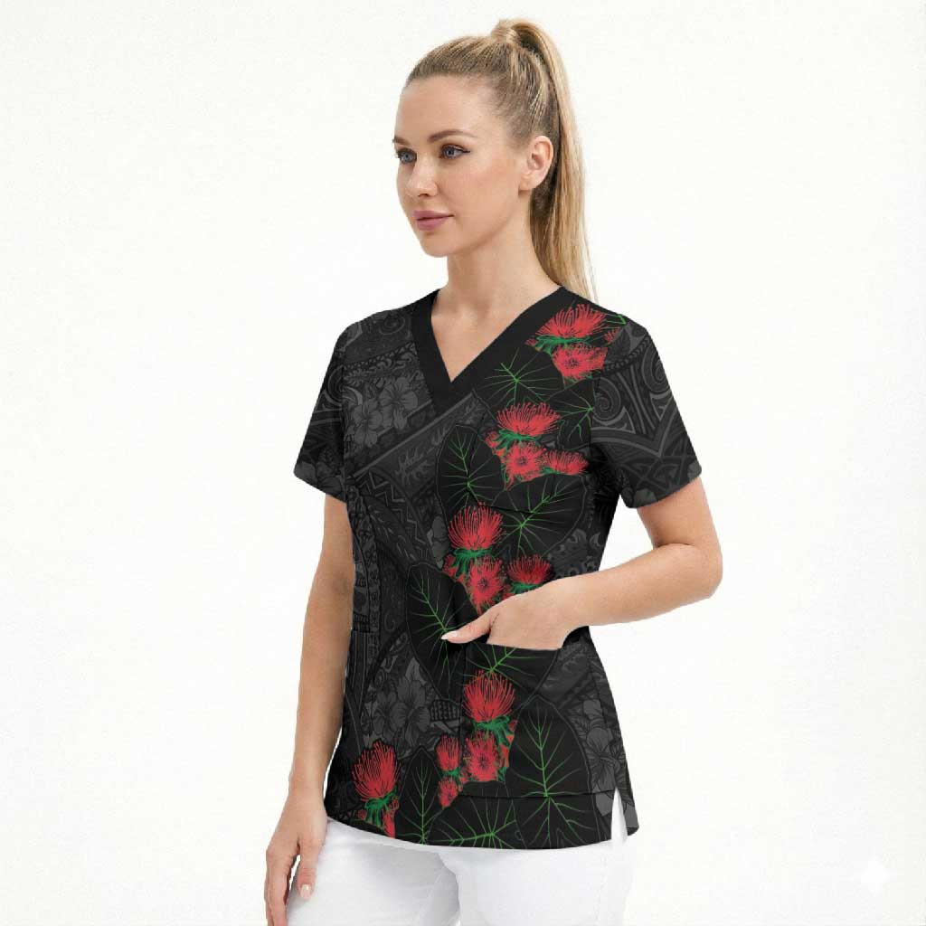 Hawaiian Taro Leaves and Ohia Lehua Scrub Top Polynesian Tribal Art Tropical Plants Motifs Grayscale LT03 - Polynesian Pride