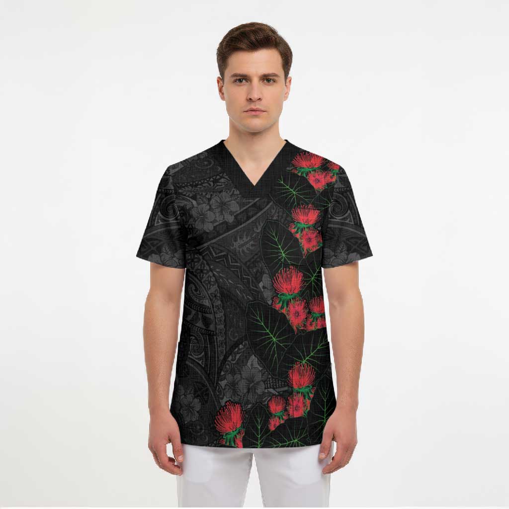 Hawaiian Taro Leaves and Ohia Lehua Scrub Top Polynesian Tribal Art Tropical Plants Motifs Grayscale LT03 - Polynesian Pride