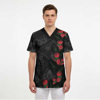 Hawaiian Taro Leaves and Ohia Lehua Scrub Top Polynesian Tribal Art Tropical Plants Motifs Grayscale LT03 - Polynesian Pride
