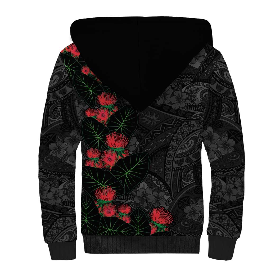 Hawaiian Taro Leaves and Ohia Lehua Sherpa Hoodie Polynesian Tribal Art Tropical Plants Motifs Grayscale LT03 - Polynesian Pride