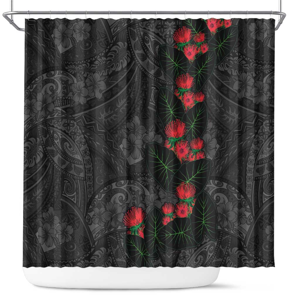 Hawaiian Taro Leaves and Ohia Lehua Shower Curtain Polynesian Tribal Art Tropical Plants Motifs Grayscale LT03 Multicolor - Polynesian Pride