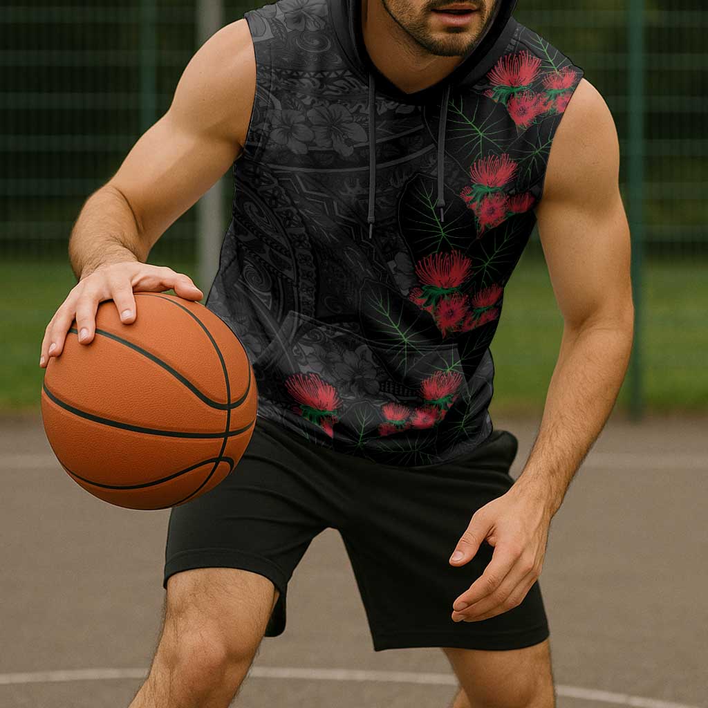 Hawaiian Taro Leaves and Ohia Lehua Sleeveless Hoodie Polynesian Tribal Art Tropical Plants Motifs Grayscale LT03 - Polynesian Pride