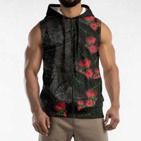 Hawaiian Taro Leaves and Ohia Lehua Sleeveless Zip Hoodie Polynesian Tribal Art Tropical Plants Motifs Grayscale LT03 - Polynesian Pride