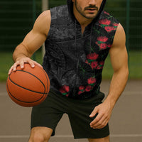 Hawaiian Taro Leaves and Ohia Lehua Sleeveless Zip Hoodie Polynesian Tribal Art Tropical Plants Motifs Grayscale LT03 - Polynesian Pride