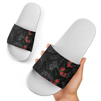 Hawaiian Taro Leaves and Ohia Lehua Slide Sandals Polynesian Tribal Art Tropical Plants Motifs Grayscale LT03 - Polynesian Pride