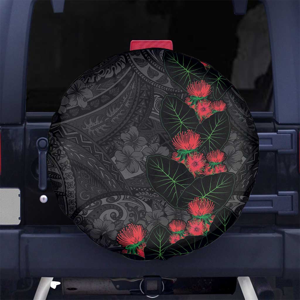 Hawaiian Taro Leaves and Ohia Lehua Spare Tire Cover Polynesian Tribal Art Tropical Plants Motifs Grayscale LT03 No hole Multicolor - Polynesian Pride